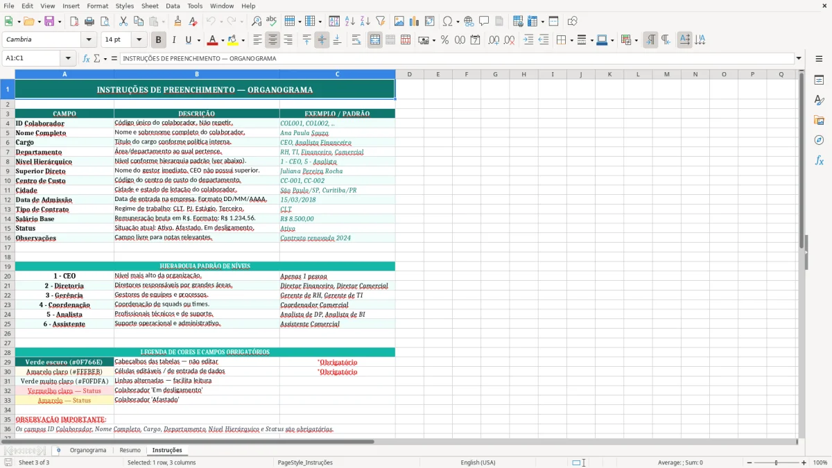 Captura de tela 3: Aba Instruções - Planilha Excel planilha de organograma excel