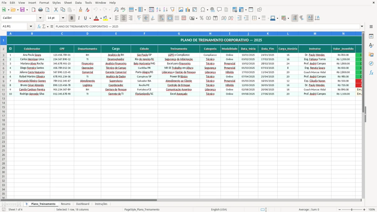 Captura de tela 1: Aba Plano_Treinamento - Planilha Excel planilha de plano de treinamento excel