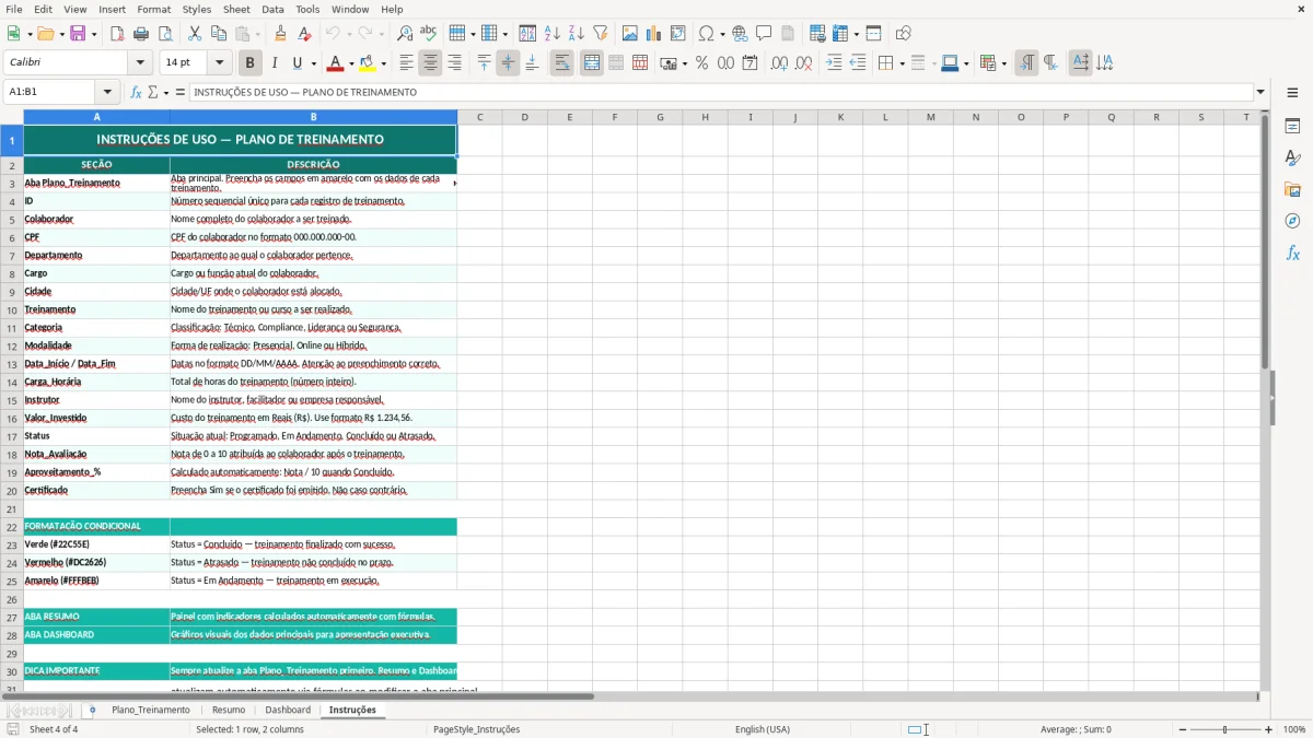 Captura de tela 4: Aba Instruções - Planilha Excel planilha de plano de treinamento excel