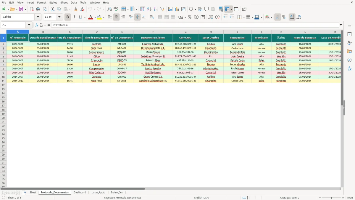 Captura de tela 2: Aba Protocolo_Documentos - Planilha Excel planilha de protocolo de documentos excel