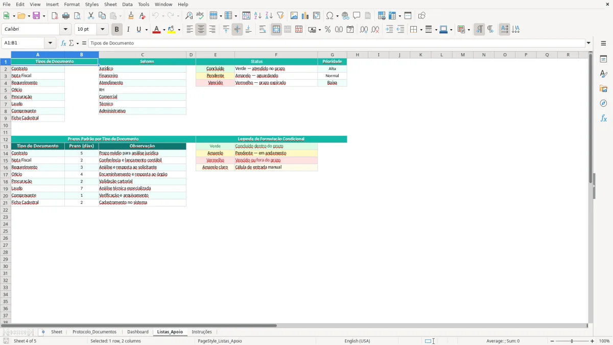 Captura de tela 4: Aba Listas_Apoio - Planilha Excel planilha de protocolo de documentos excel