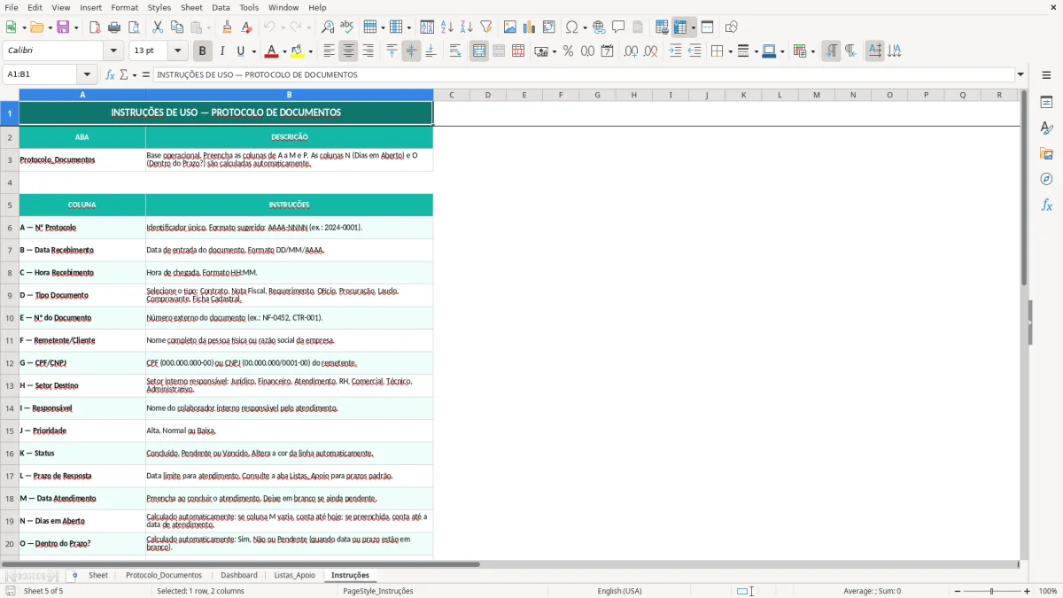 Captura de tela 5: Aba Instruções - Planilha Excel planilha de protocolo de documentos excel