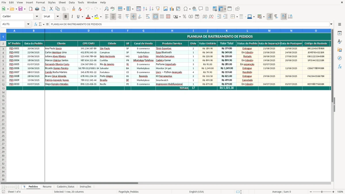 Captura de tela 1: Aba Pedidos - Planilha Excel planilha de rastreamento de pedidos excel