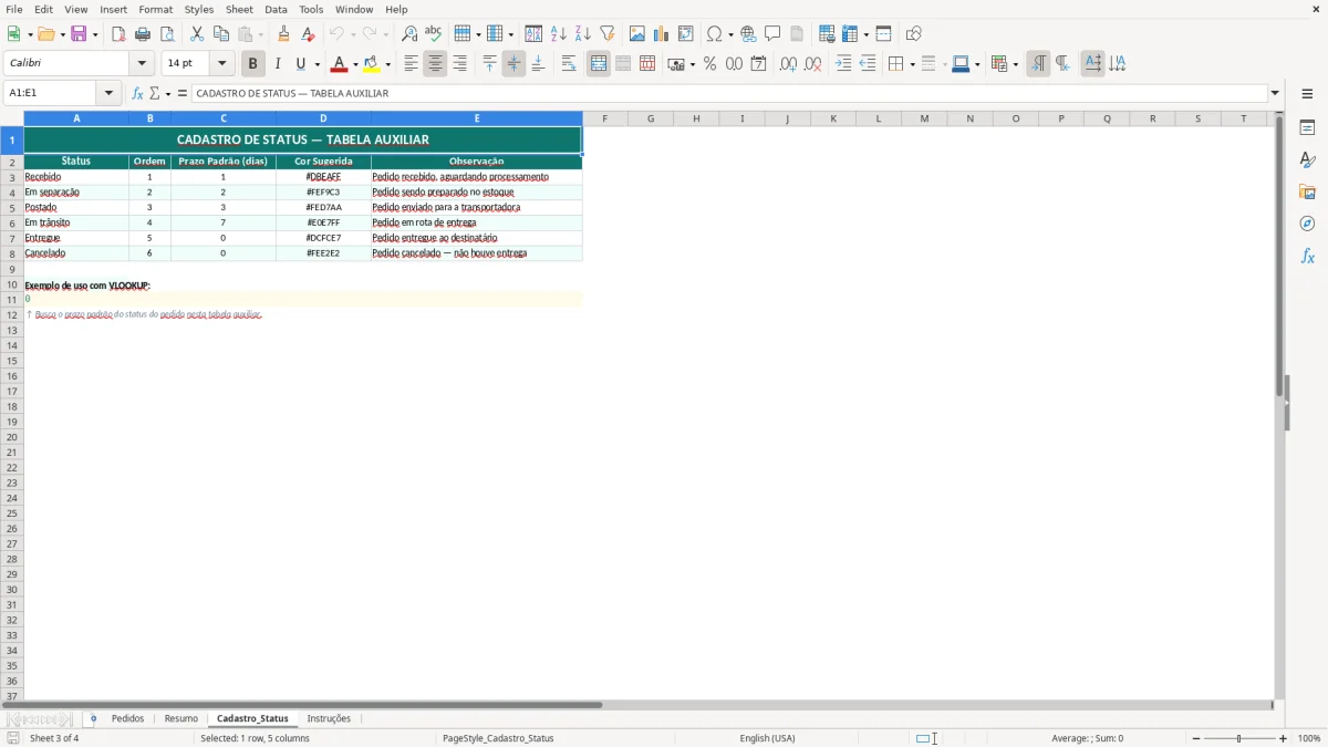 Captura de tela 3: Aba Cadastro_Status - Planilha Excel planilha de rastreamento de pedidos excel