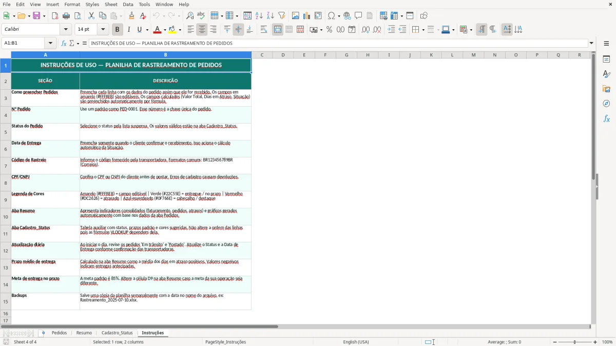 Captura de tela 4: Aba Instruções - Planilha Excel planilha de rastreamento de pedidos excel
