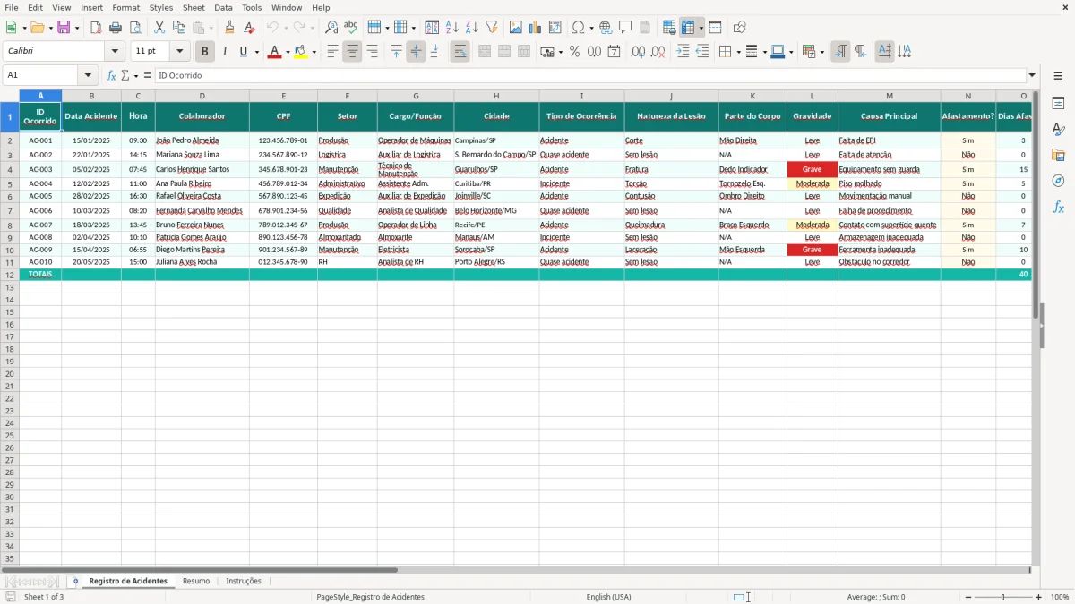 Captura de tela 1: Aba Registro de Acidentes - Planilha Excel planilha de registro de acidentes excel