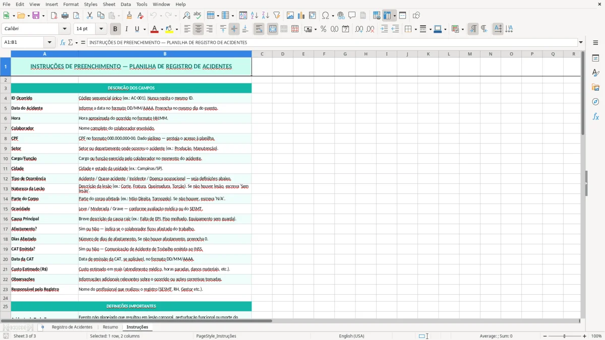 Captura de tela 3: Aba Instruções - Planilha Excel planilha de registro de acidentes excel