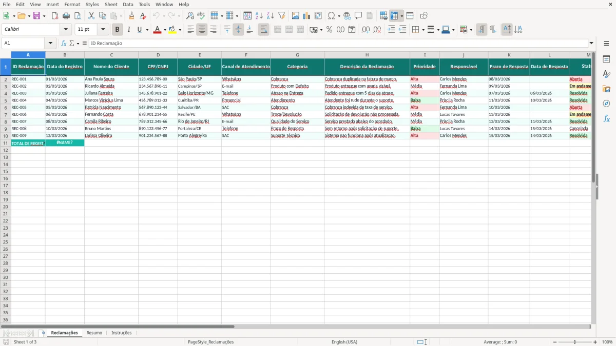 Captura de tela 1: Aba Reclamações - Planilha Excel planilha de registro de reclamações excel
