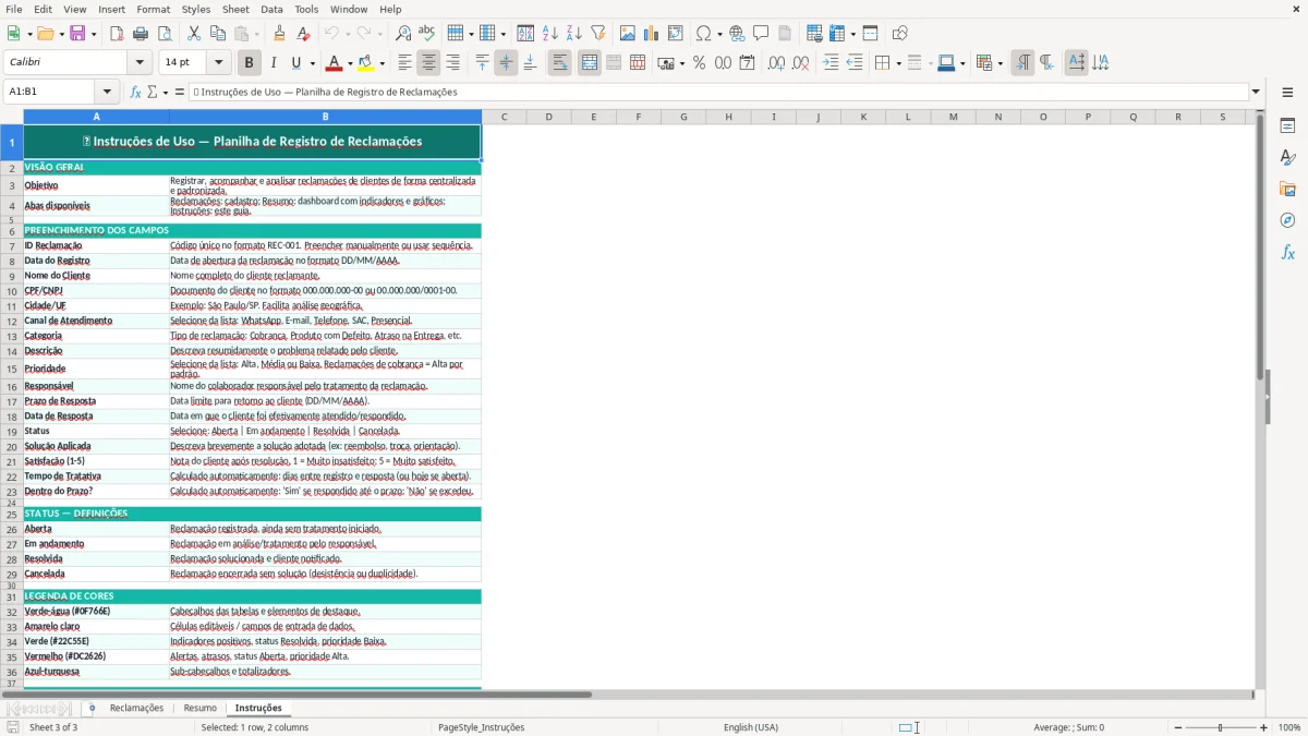 Captura de tela 3: Aba Instruções - Planilha Excel planilha de registro de reclamações excel