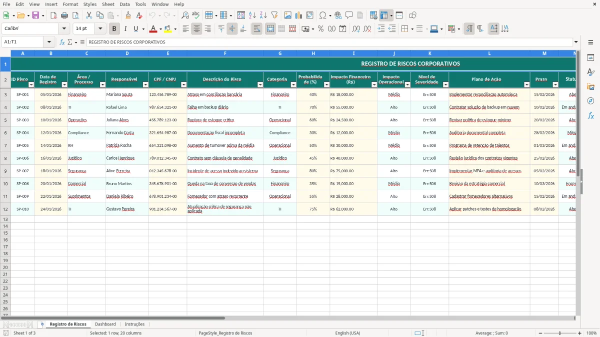 Captura de tela 1: Aba Registro de Riscos - Planilha Excel planilha de registro de riscos excel