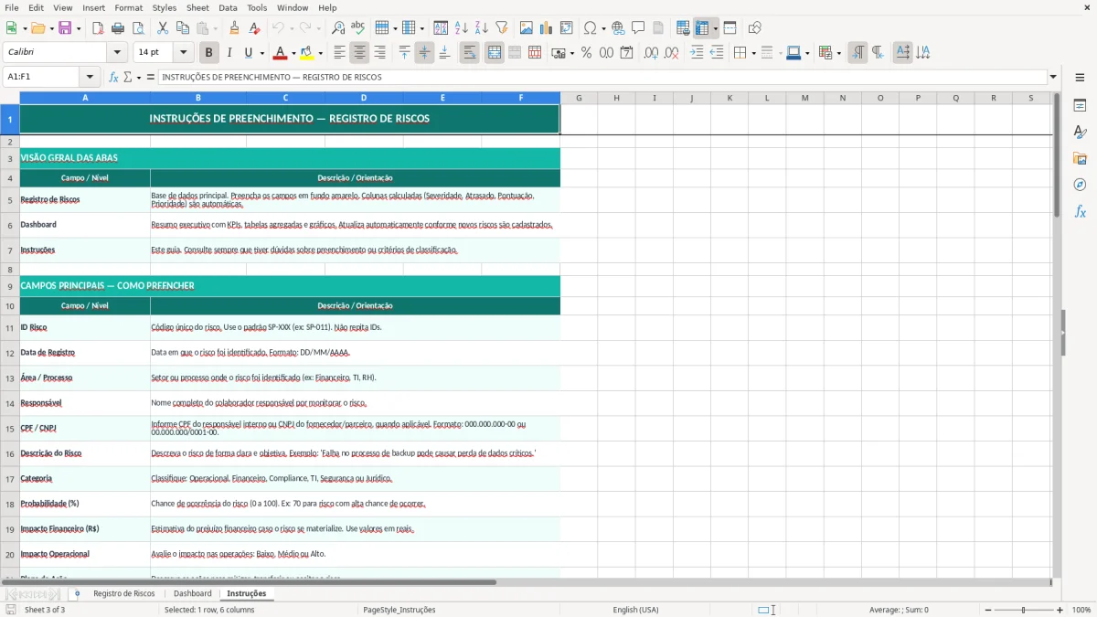 Captura de tela 3: Aba Instruções - Planilha Excel planilha de registro de riscos excel