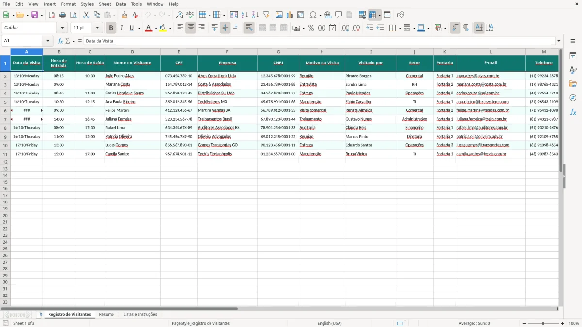 Captura de tela 1: Aba Registro de Visitantes - Planilha Excel planilha de registro de visitantes excel