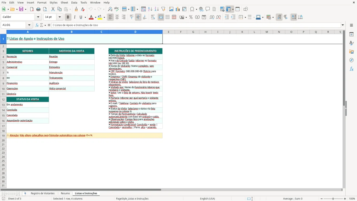 Captura de tela 3: Aba Listas e Instruções - Planilha Excel planilha de registro de visitantes excel