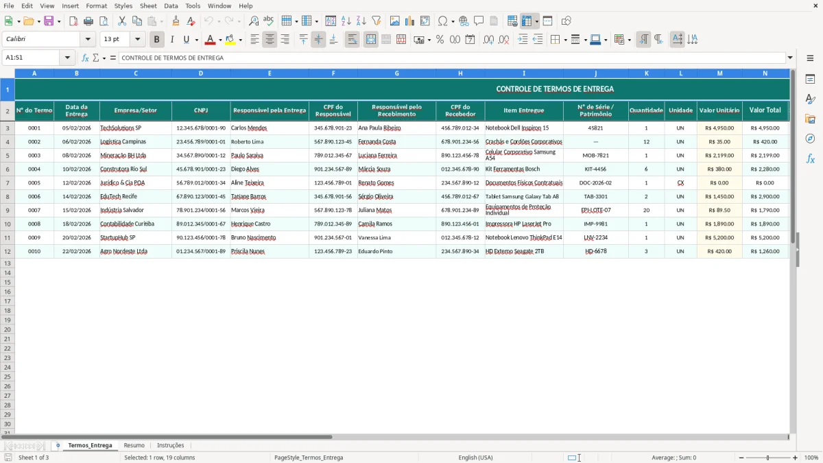Captura de tela 1: Aba Termos_Entrega - Planilha Excel planilha de termo de entrega excel