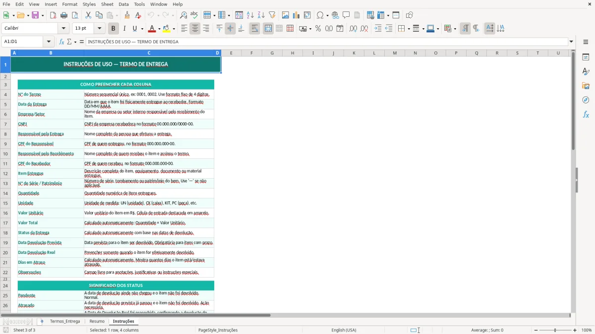Captura de tela 3: Aba Instruções - Planilha Excel planilha de termo de entrega excel