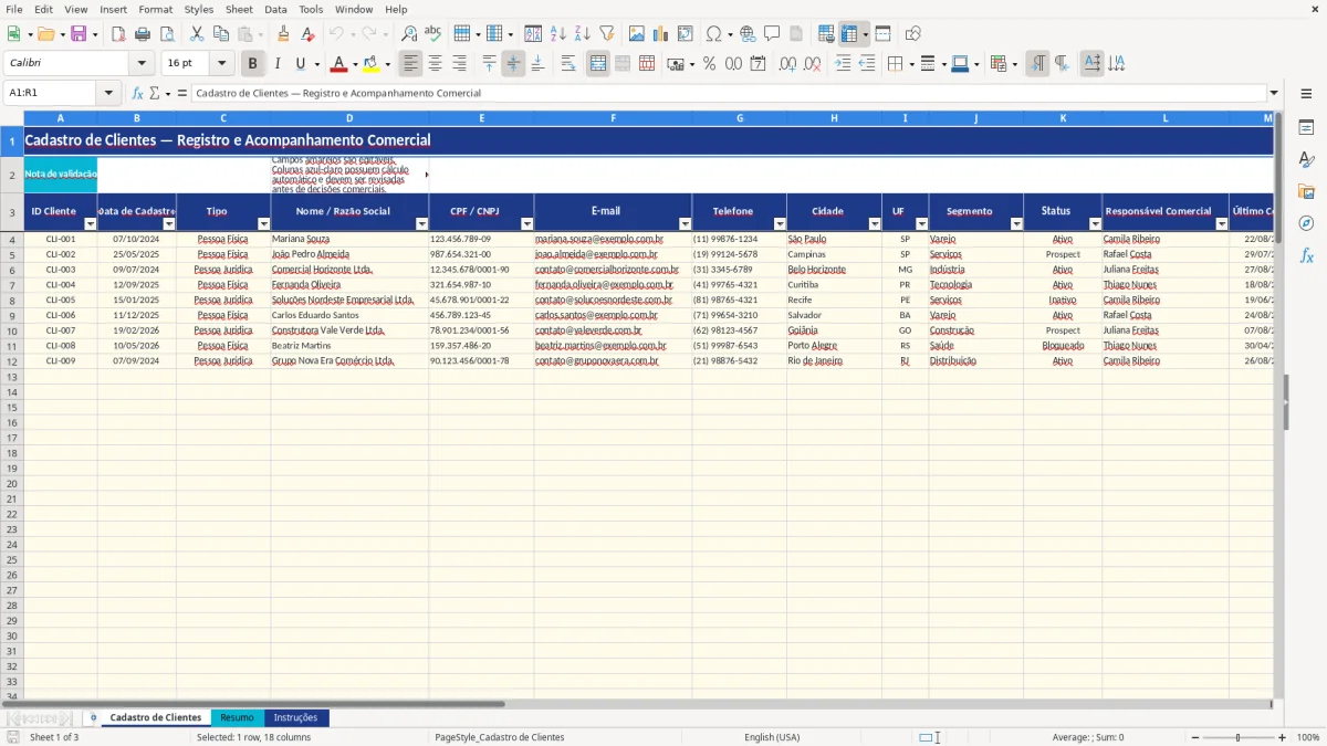 Captura de tela 1: Aba Cadastro de Clientes - Planilha Excel planilha cadastro de clientes excel