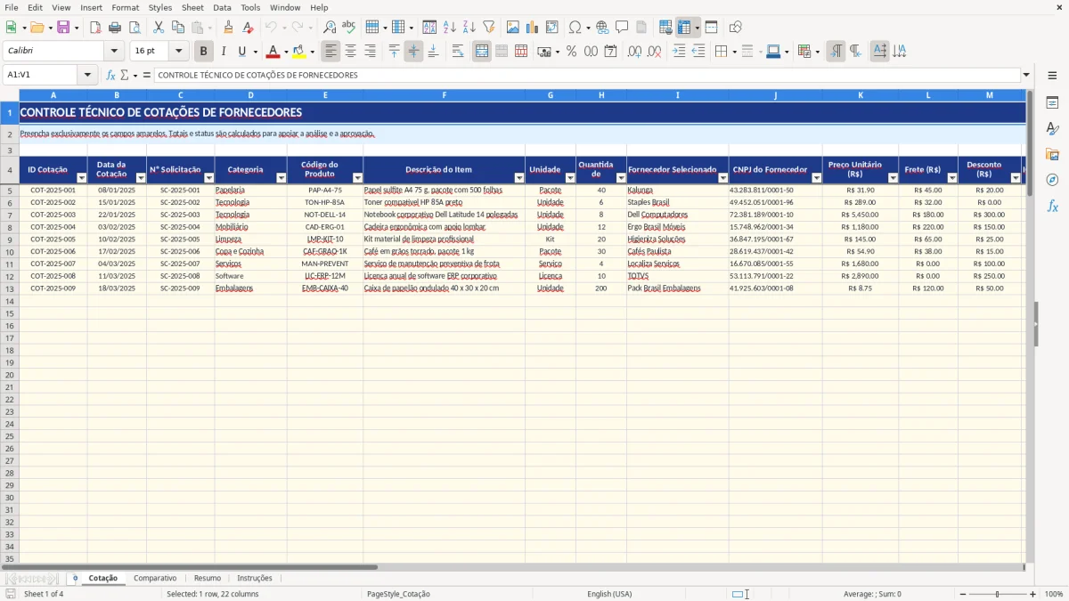Captura de tela 1: Aba Cotação - Planilha Excel planilha cotação de fornecedores excel