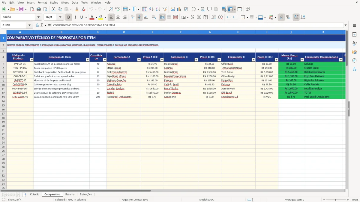Captura de tela 2: Aba Comparativo - Planilha Excel planilha cotação de fornecedores excel