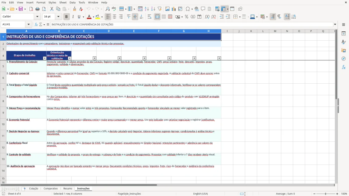 Captura de tela 4: Aba Instruções - Planilha Excel planilha cotação de fornecedores excel