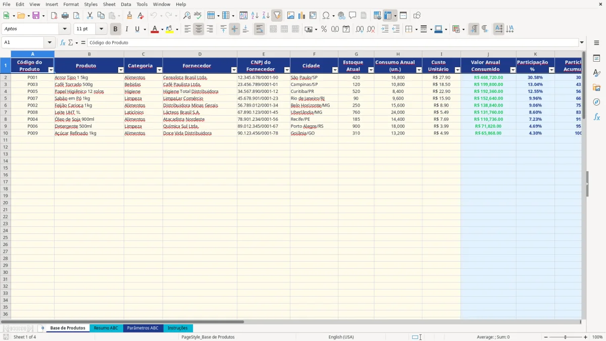 Captura de tela 1: Aba Base de Produtos - Planilha Excel planilha curva ABC excel
