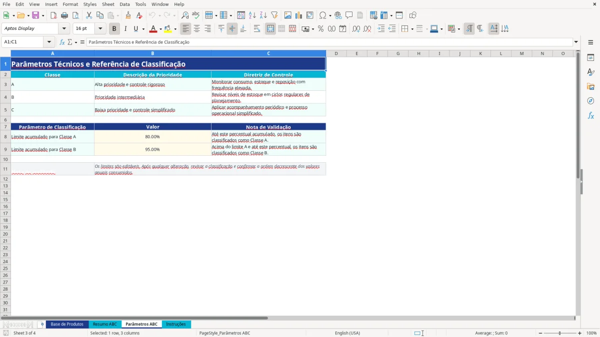 Captura de tela 3: Aba Parâmetros ABC - Planilha Excel planilha curva ABC excel