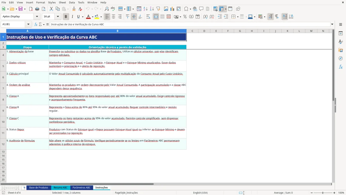 Captura de tela 4: Aba Instruções - Planilha Excel planilha curva ABC excel