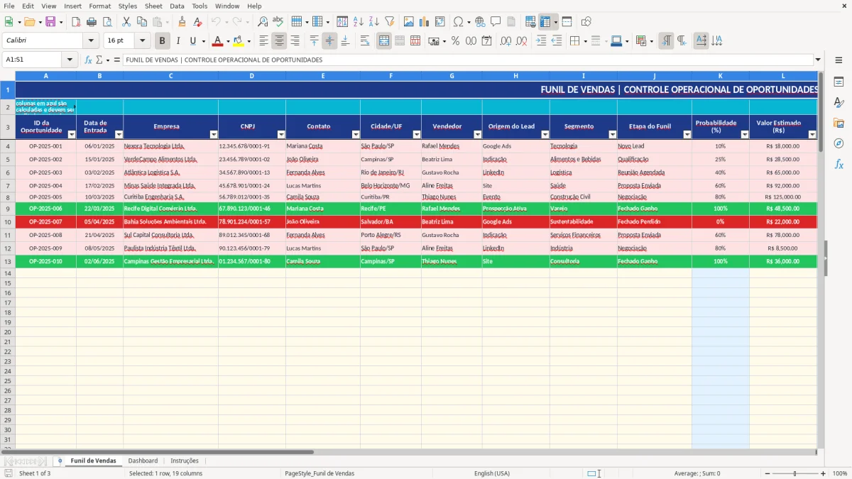 Captura de tela 1: Aba Funil de Vendas - Planilha Excel planilha funil de vendas excel