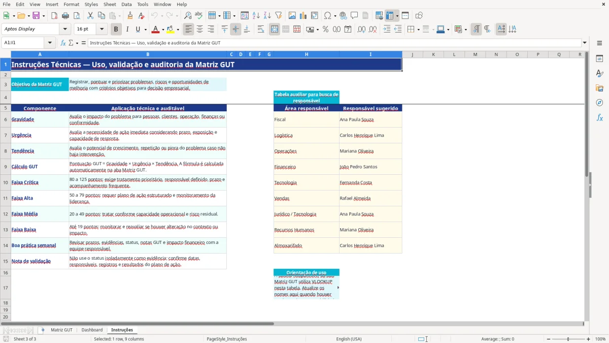 Captura de tela 3: Aba Instruções - Planilha Excel planilha matriz GUT excel