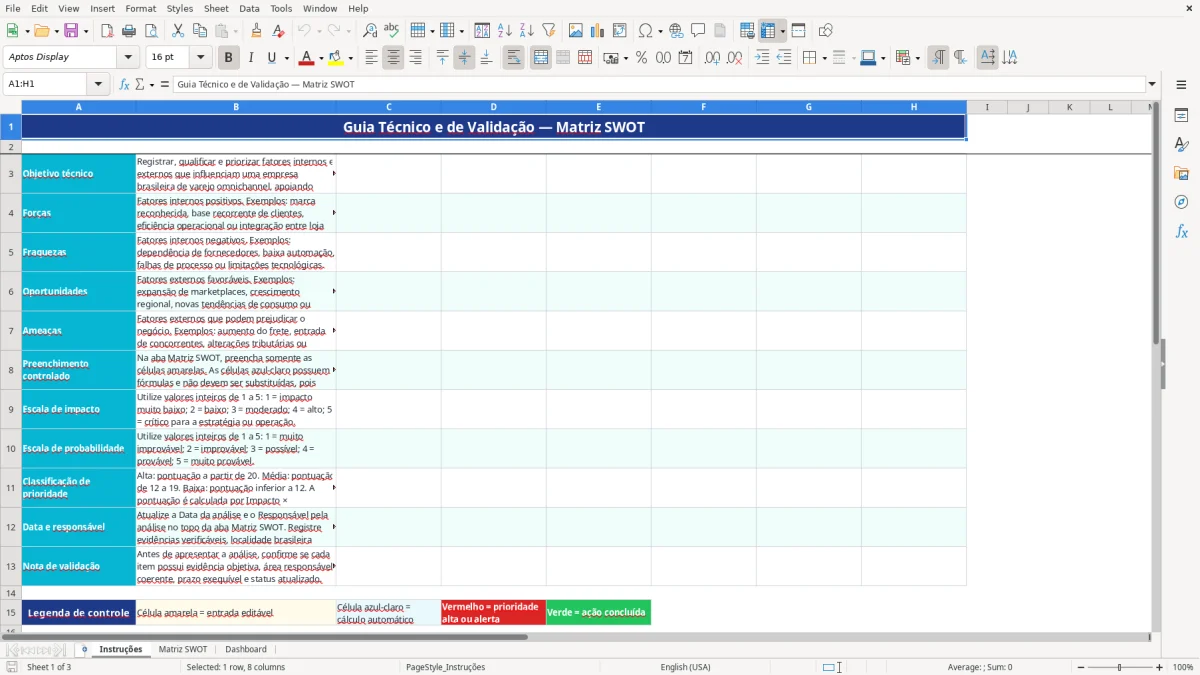 Captura de tela 1: Aba Instruções - Planilha Excel planilha matriz SWOT excel