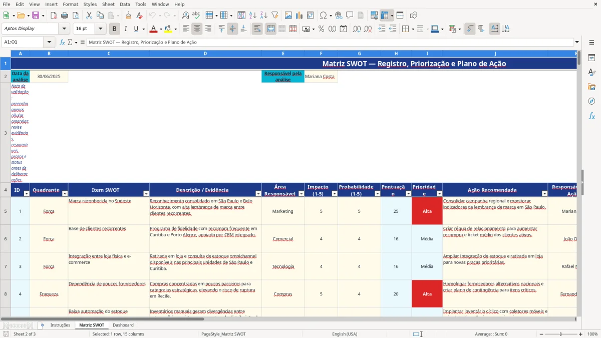 Captura de tela 2: Aba Matriz SWOT - Planilha Excel planilha matriz SWOT excel