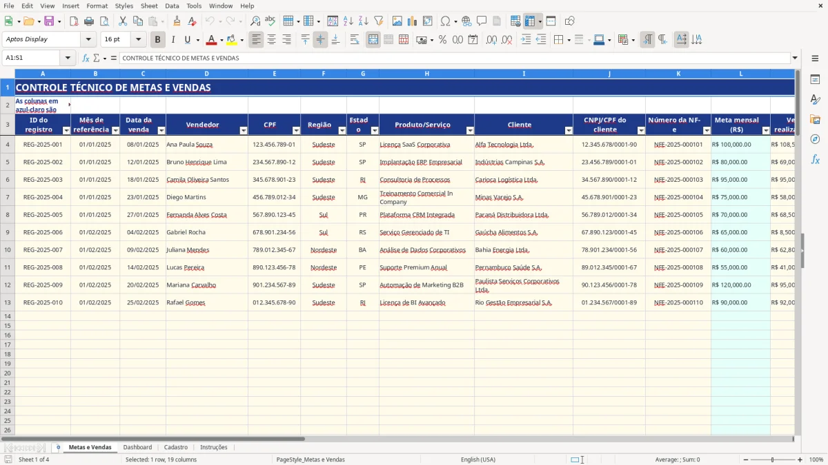 Captura de tela 1: Aba Metas e Vendas - Planilha Excel planilha metas de vendas excel
