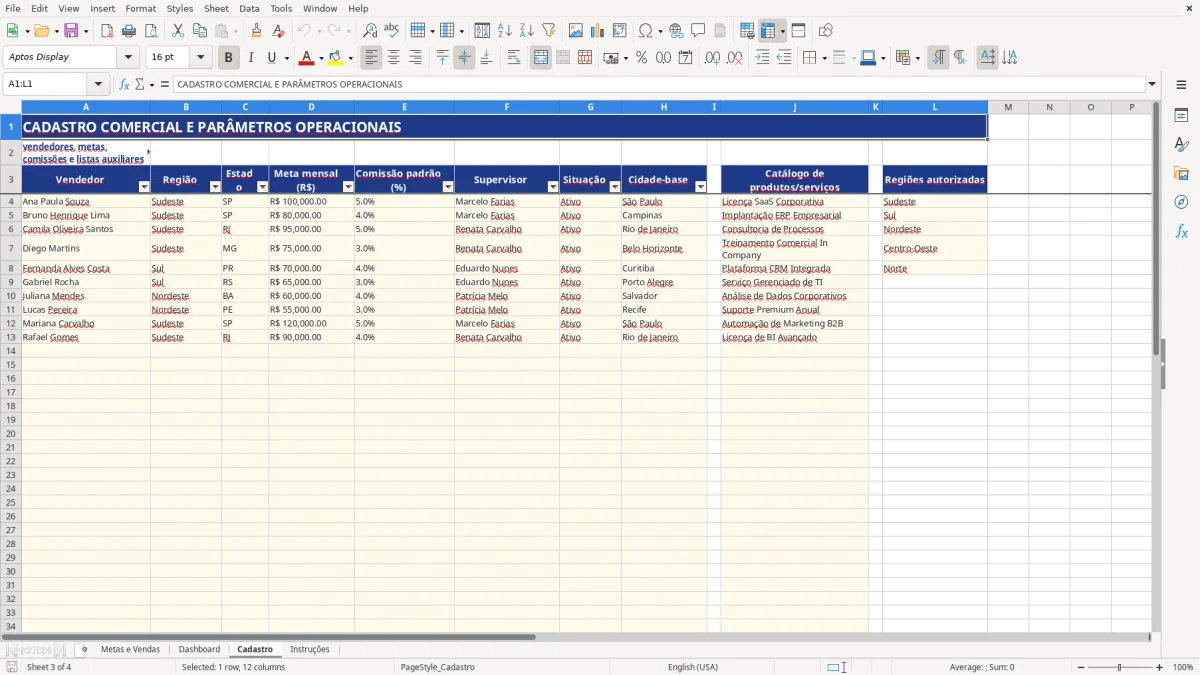 Captura de tela 3: Aba Cadastro - Planilha Excel planilha metas de vendas excel