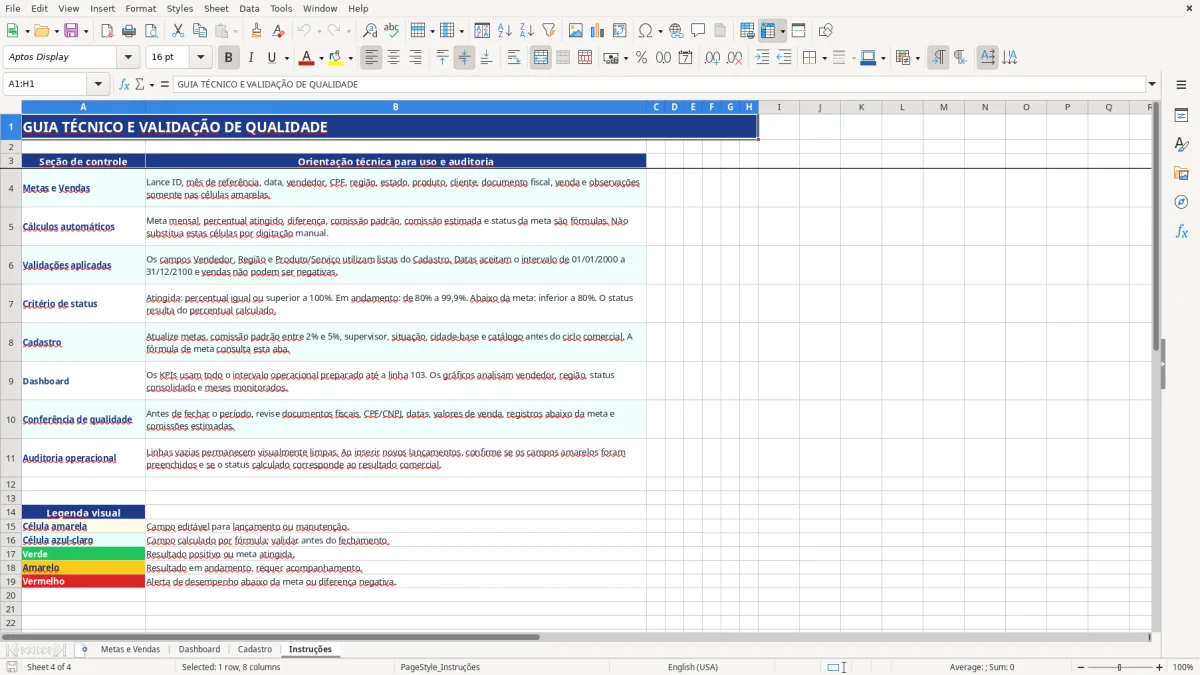 Captura de tela 4: Aba Instruções - Planilha Excel planilha metas de vendas excel