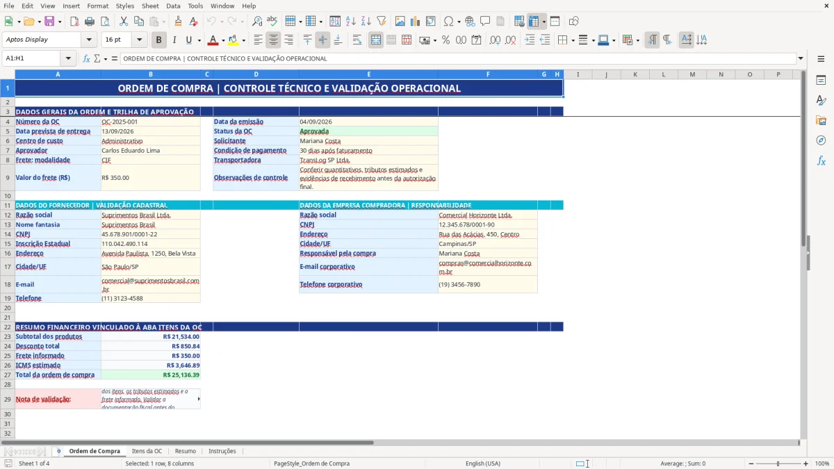 Captura de tela 1: Aba Ordem de Compra - Planilha Excel planilha ordem de compra excel