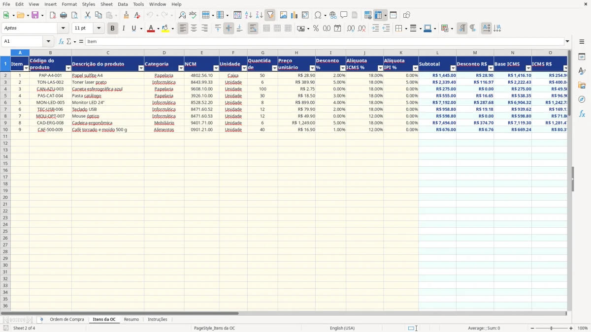 Captura de tela 2: Aba Itens da OC - Planilha Excel planilha ordem de compra excel