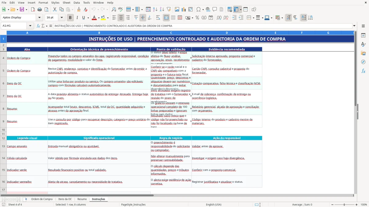 Captura de tela 4: Aba Instruções - Planilha Excel planilha ordem de compra excel